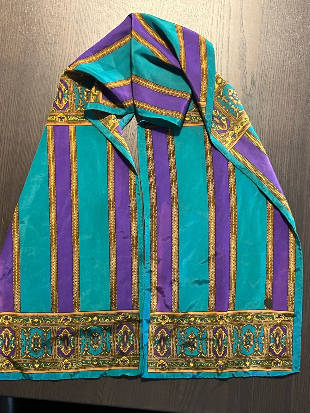 Vintage Scarf Teal Purple Gold Baroque Stripe Jewel Tone Long Oblong
